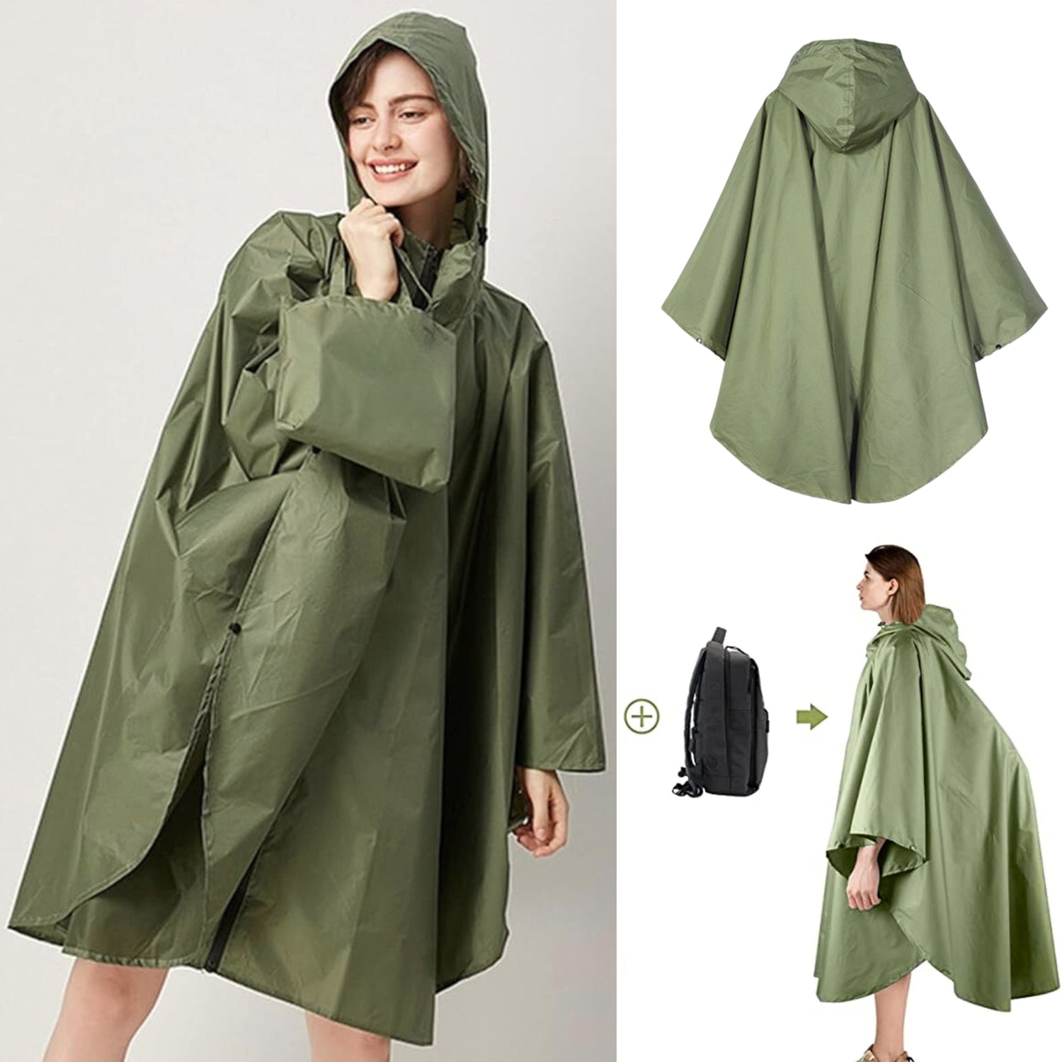 Poncho Regenjas met Capuchon Legergroen